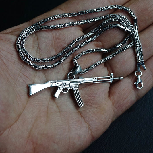 Silver Machine Gun AK 47 Pendant on Byzantine Kings Chain Necklace solid 925 Sterling Silver Jewelry