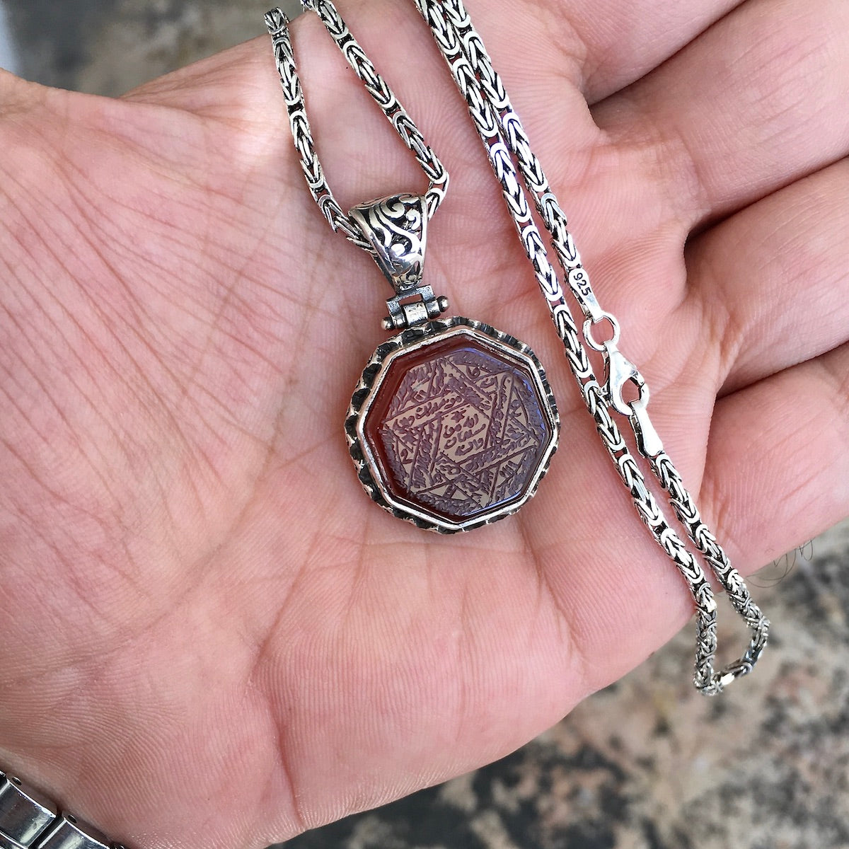 Agate Pendant Handmade 925 Sterling Silver Seal of Solomon engraved Talisman incl. Kings Chain Necklace