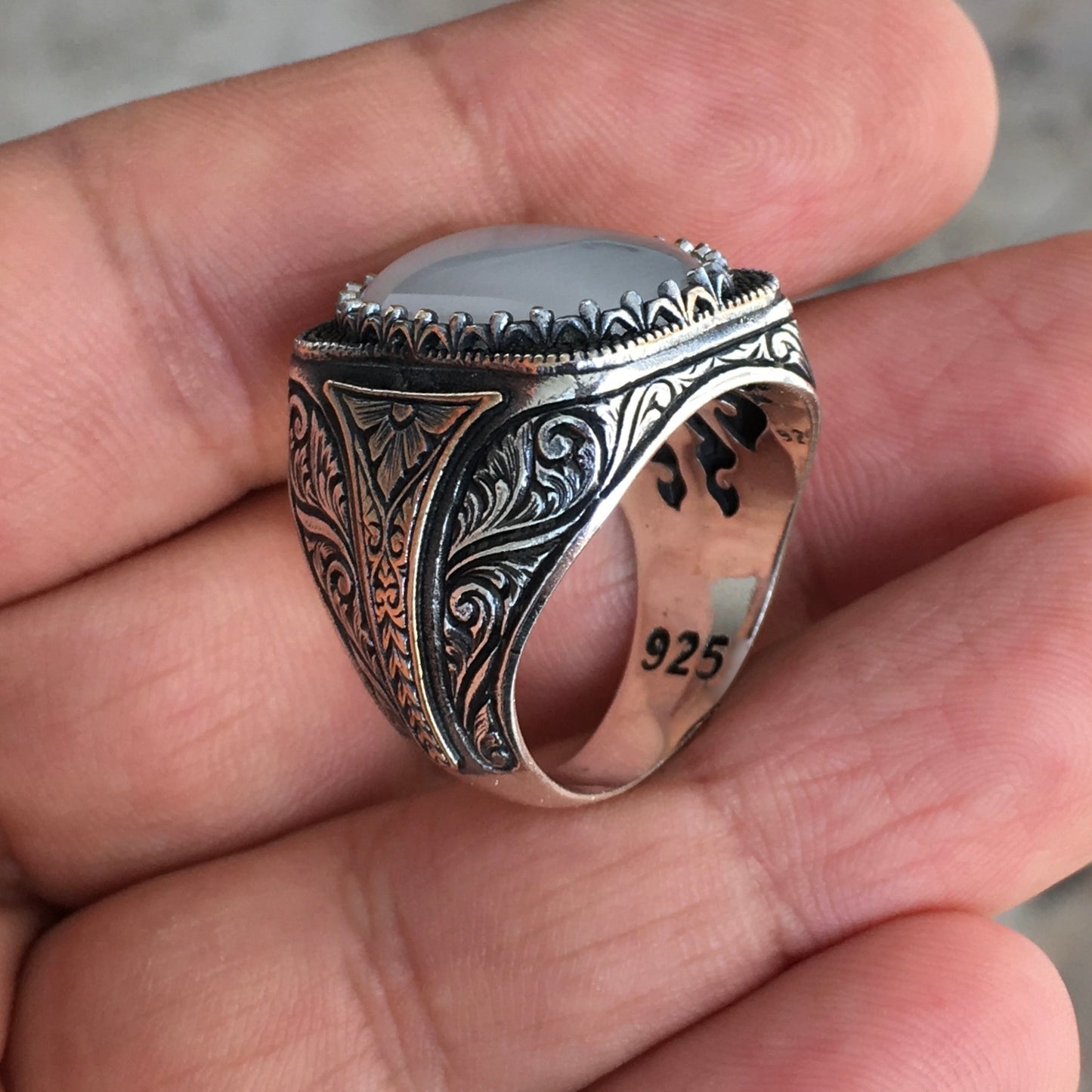 Men's Ring Gray Moonstone Cat's Eye SriLanka Engraved Sterling Silver Handmade Unique Jewelry