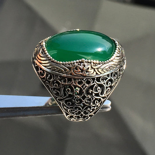 Green Agate Ring 925 Sterling Silver natural Aqeeq Turkish Artisan Men's Jewelry