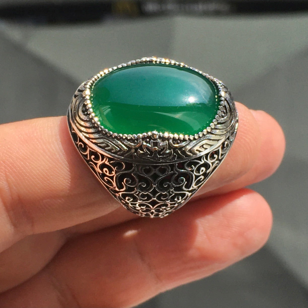 Green Agate Ring 925 Sterling Silver natural Aqeeq Turkish Artisan Men's Jewelry