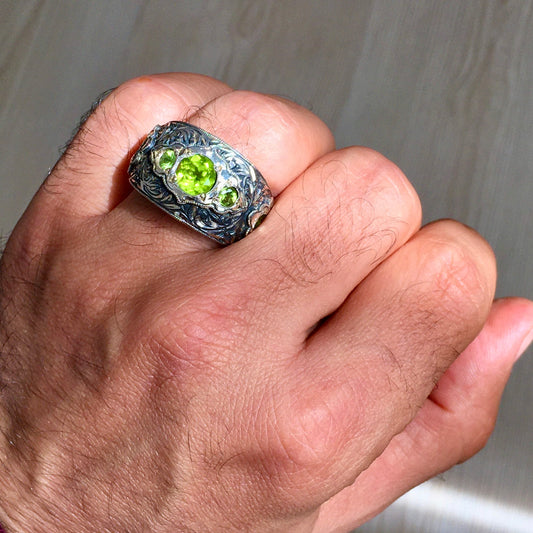Natural Peridot Gemstone Men's Ring Handmade Solid Sterling Silver Unique Jewelry