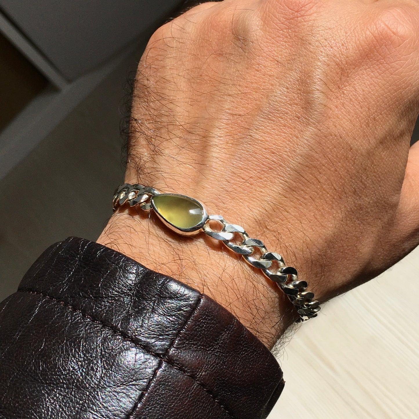 Silver Bracelet Idocrase Cuban Link Chain Neon Gemstone Unique Handmade Men's Jewelry