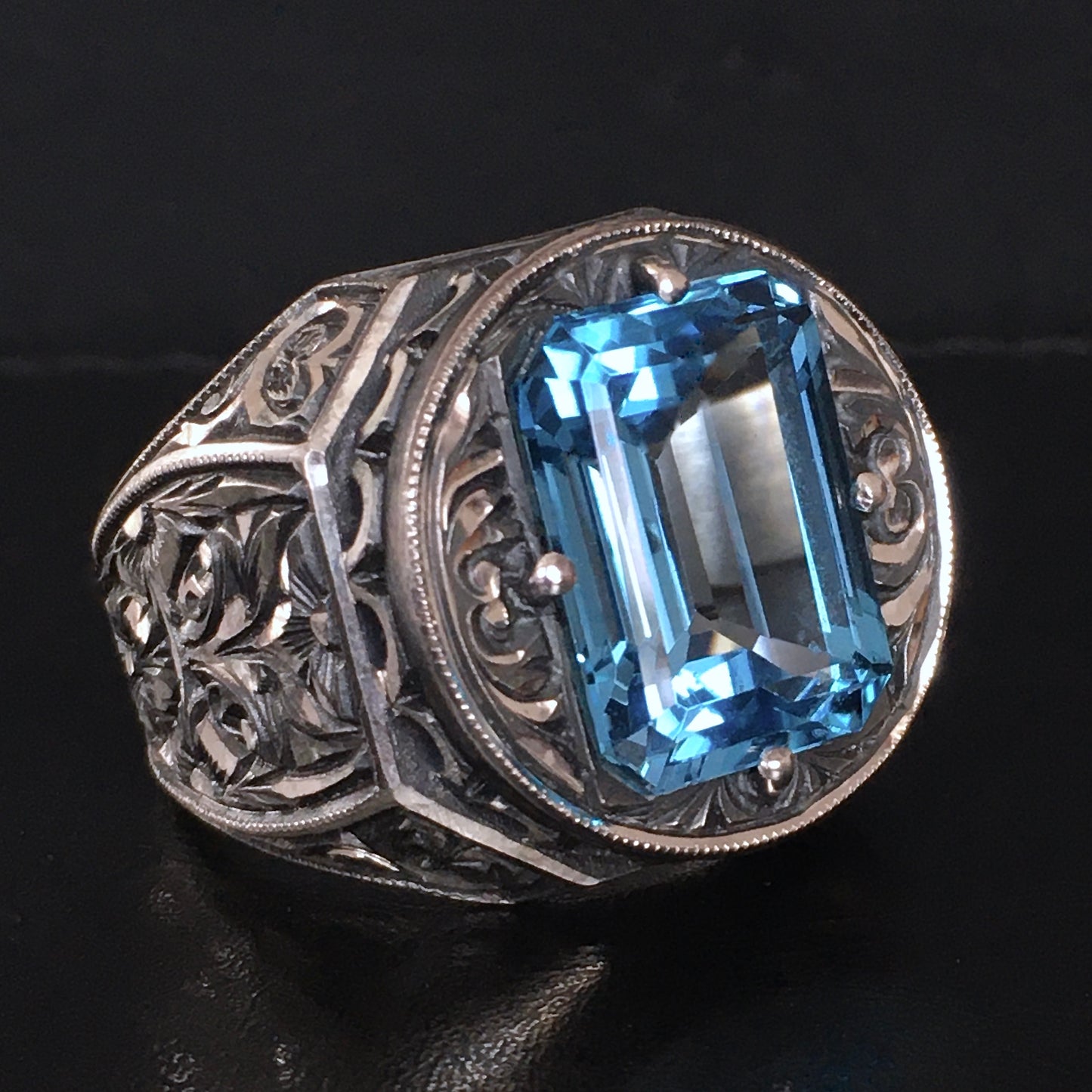 Solid Silver Piece of Art 10ct Aquamarine Handmade Engraved Ring Unique Artisan Jewelry