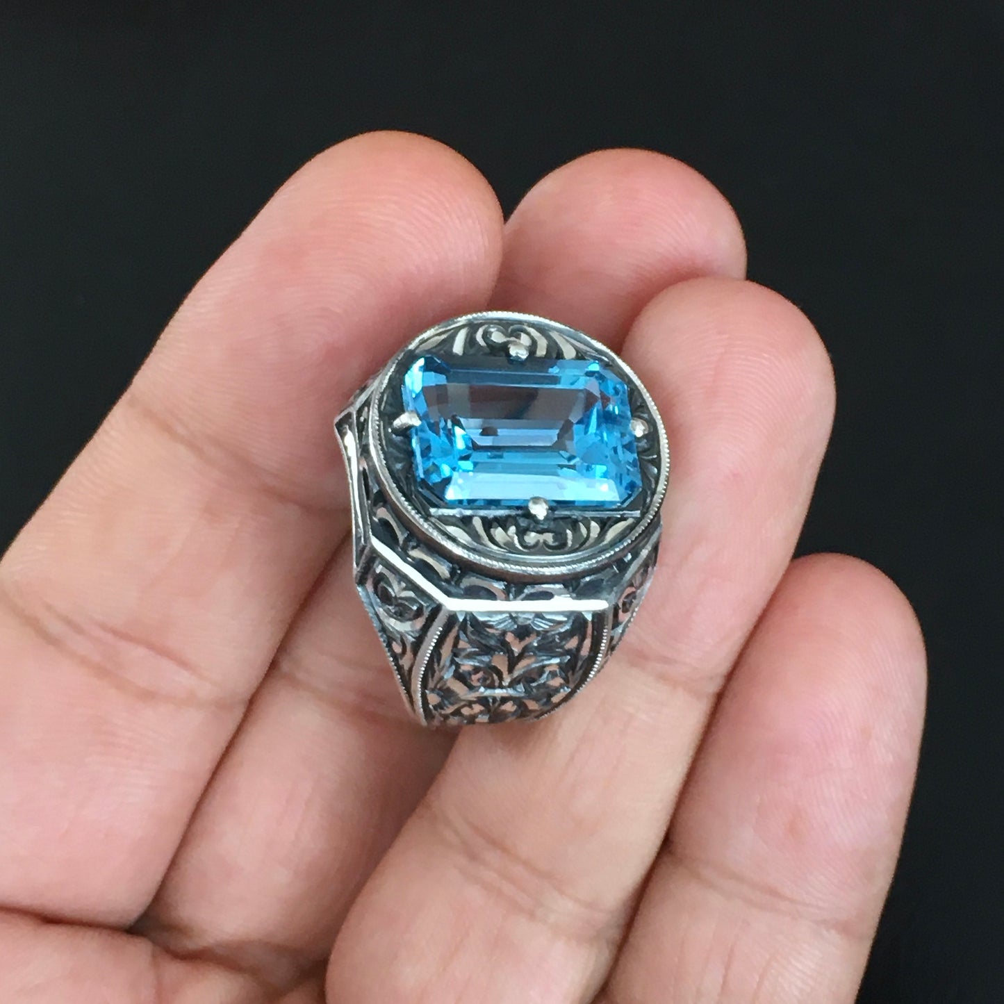 Solid Silver Piece of Art 10ct Aquamarine Handmade Engraved Ring Unique Artisan Jewelry