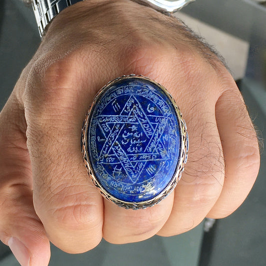 Huge Seal of Solomon Ring Lapis Lazuli solid 925 Sterling Silver Hand-engraved Unique Talisman
