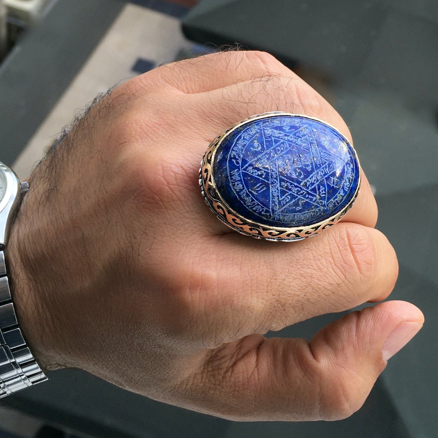 Huge Seal of Solomon Ring Lapis Lazuli solid 925 Sterling Silver Hand-engraved Unique Talisman