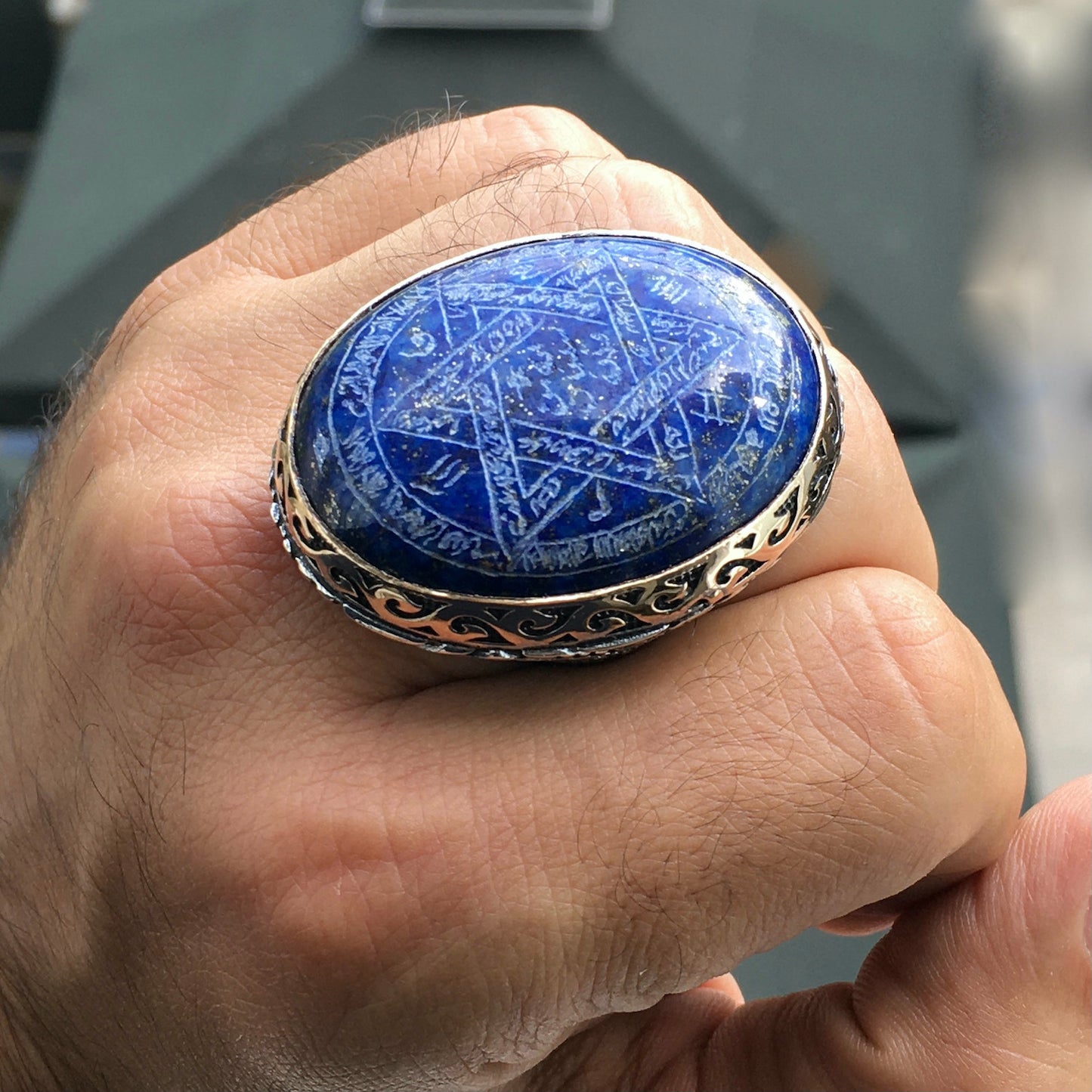 Süleyman'ın Mührü Gümüş Yüzük El Yapımı Lapis Lazuli Eşsiz Tılsım