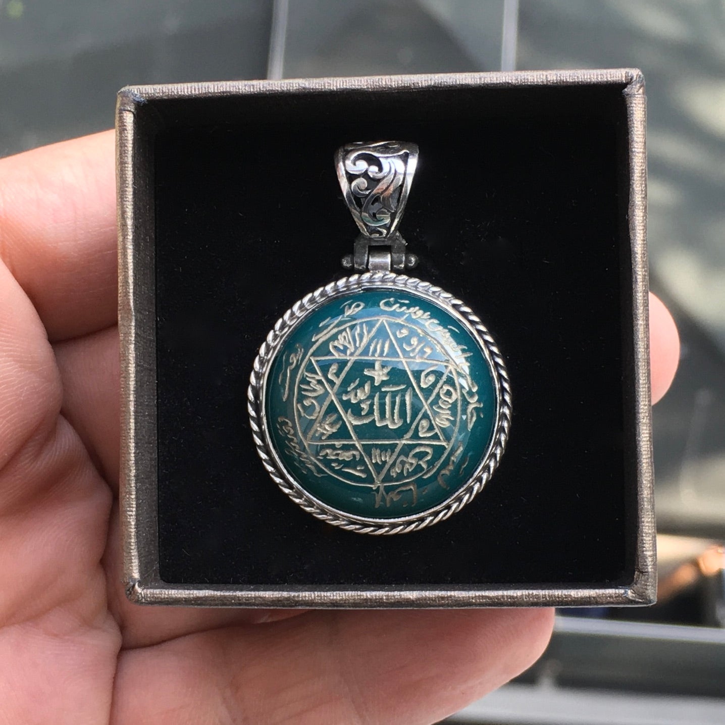 Handmade Seal of Solomon Pendant Green Agate Sterling Silver 925 Hand-engraved Talisman Amulet