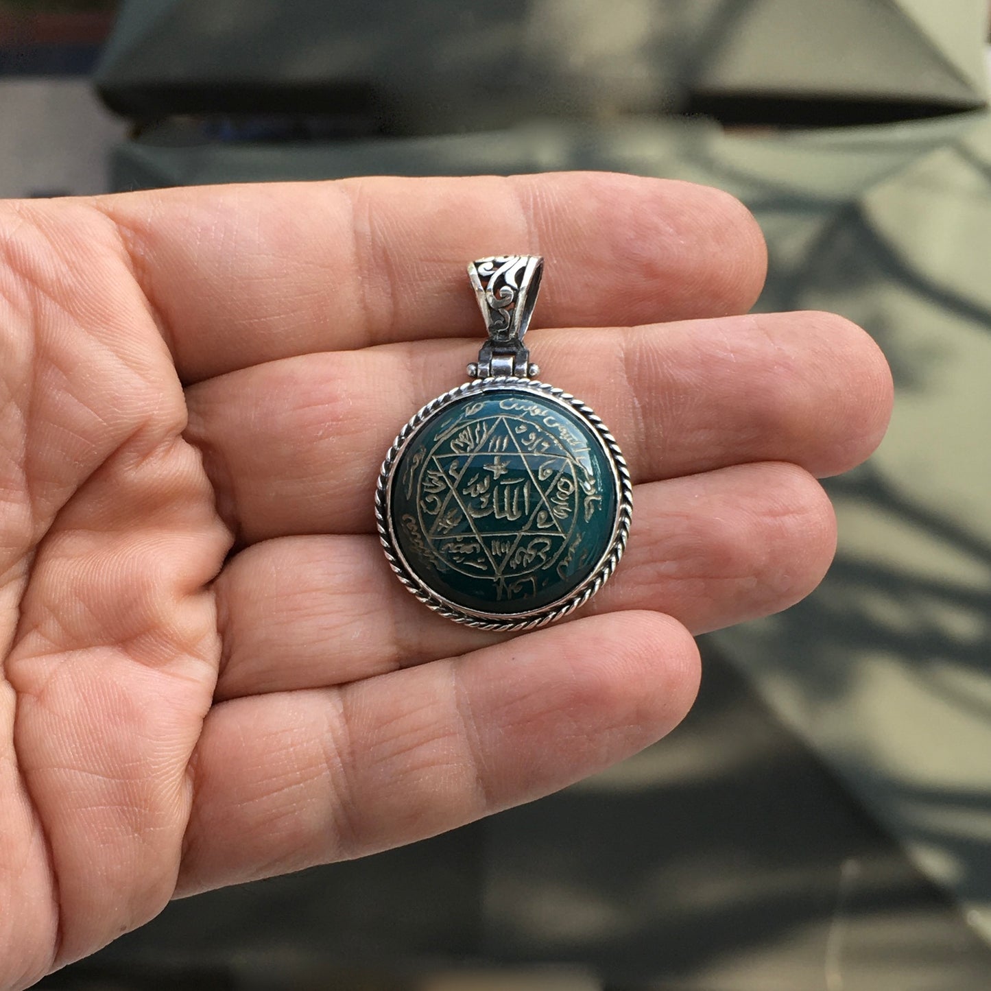 Handmade Seal of Solomon Pendant Green Agate Sterling Silver 925 Hand-engraved Talisman Amulet