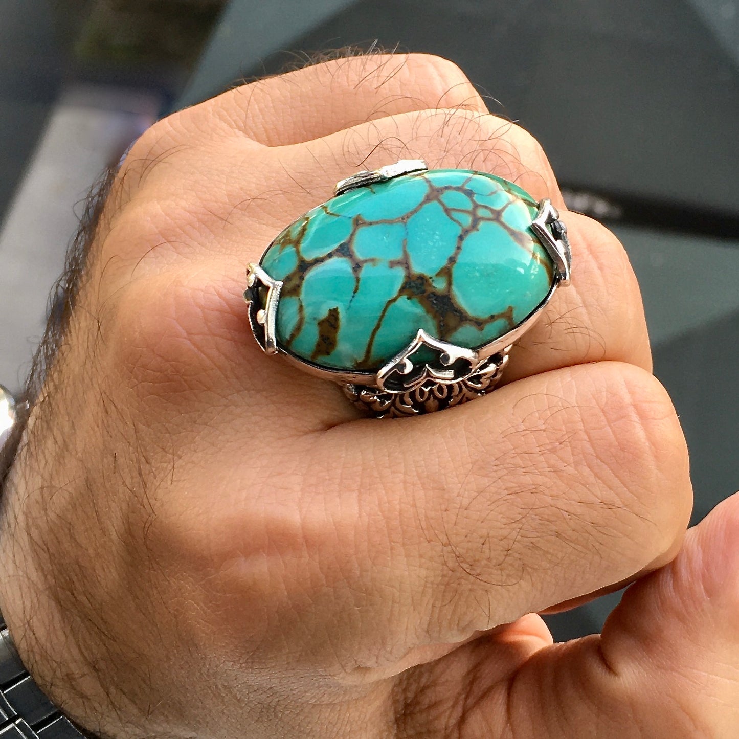 Silver Ring big natural Turquoise Firoza Unique Handmade Men's Jewelry Sterling 925