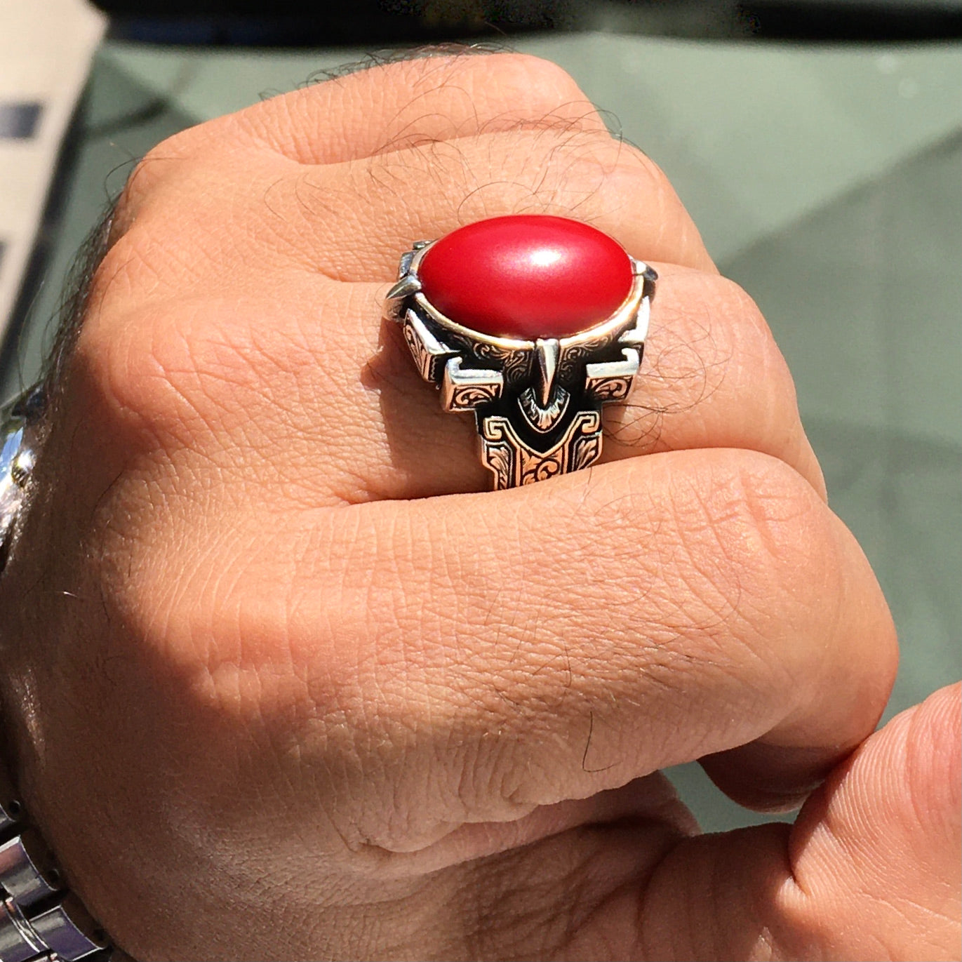 Silver Men's Ring natural Red Coral Turkish Artisan Handmade Jewelry