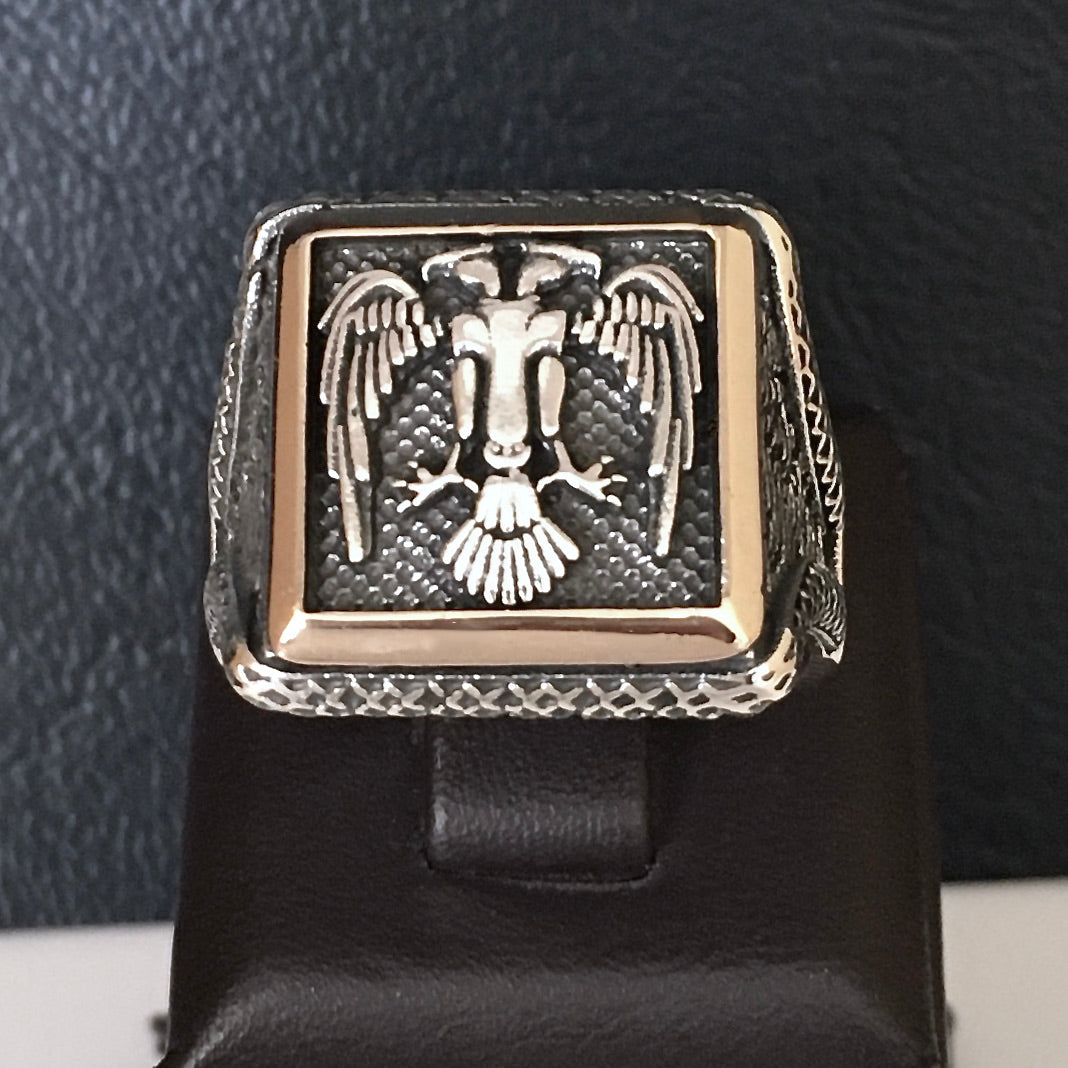 Sterling Silver Turkish Ottoman Men's Signet Ring Double Headed Eagle Square