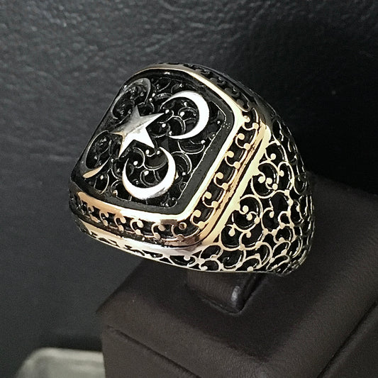 Sterling Silver Turkish Ottoman Signet Ring Crescent Star Men's Jewelry