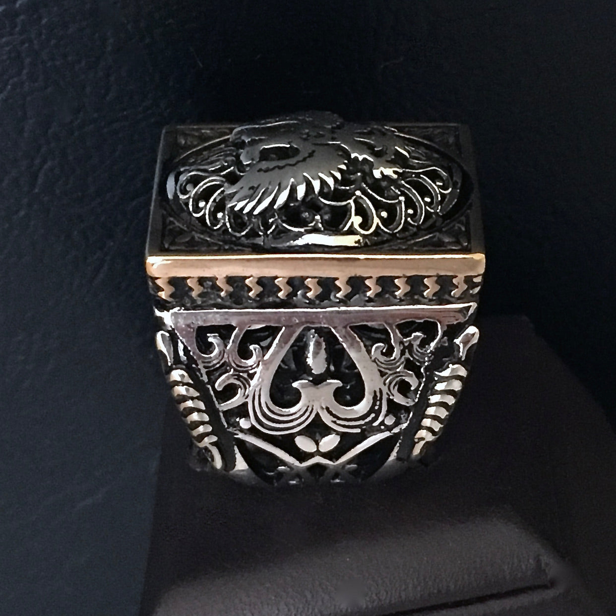 925 Sterling Silver Men's Turkish Ottoman Signet Ring Double Headed Eagle