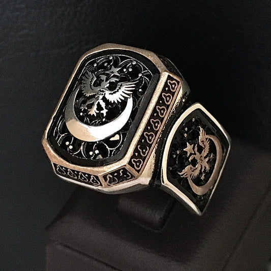Sterling Silver Men's Turkish Signet Ring Crescent Star Double Headed Eagle