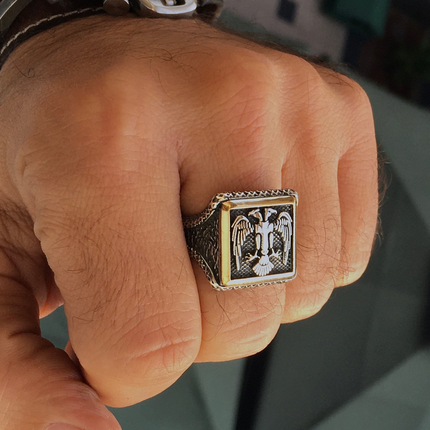 Sterling Silver Turkish Ottoman Men's Signet Ring Double Headed Eagle Square