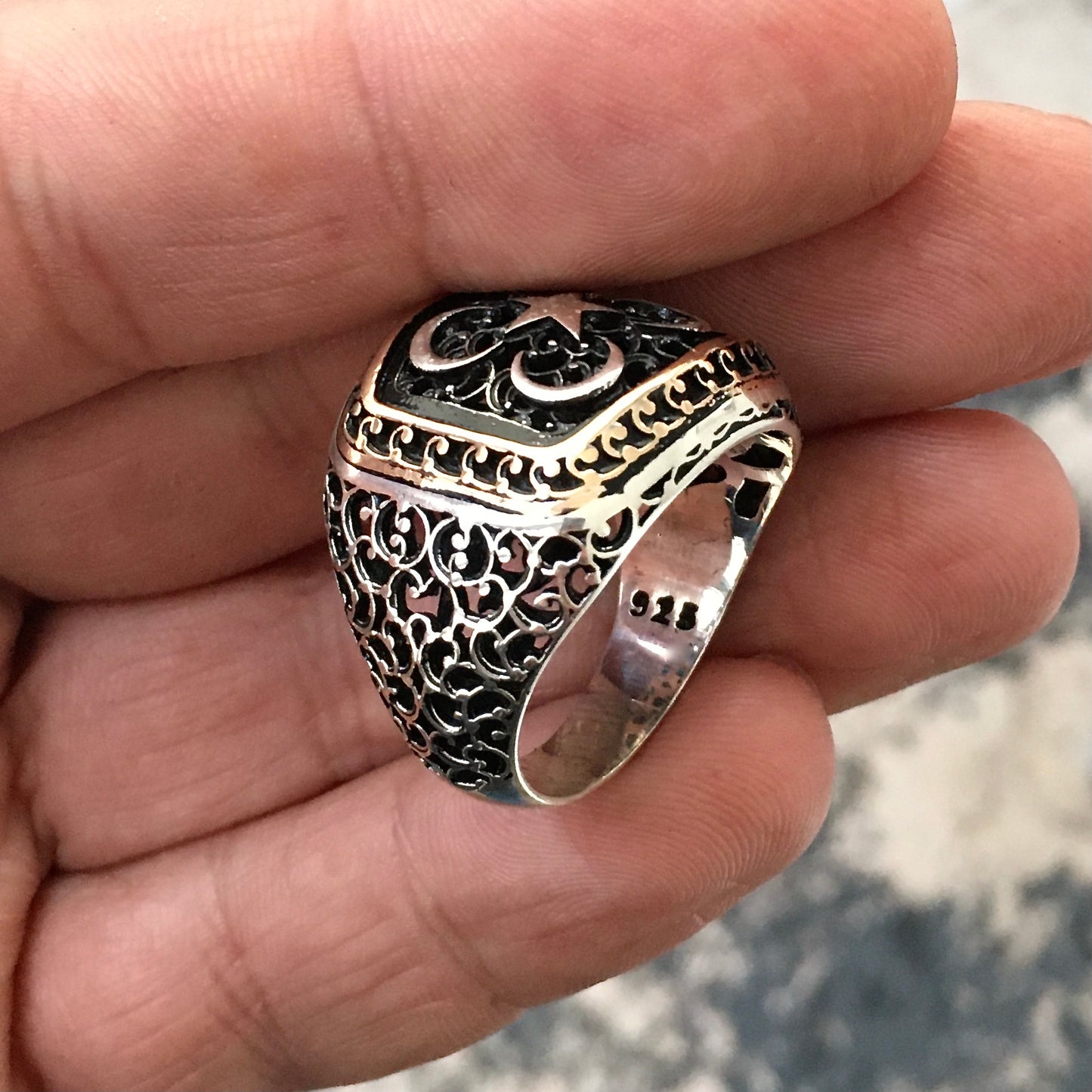 Sterling Silver Turkish Ottoman Signet Ring Crescent Star Men's Jewelry