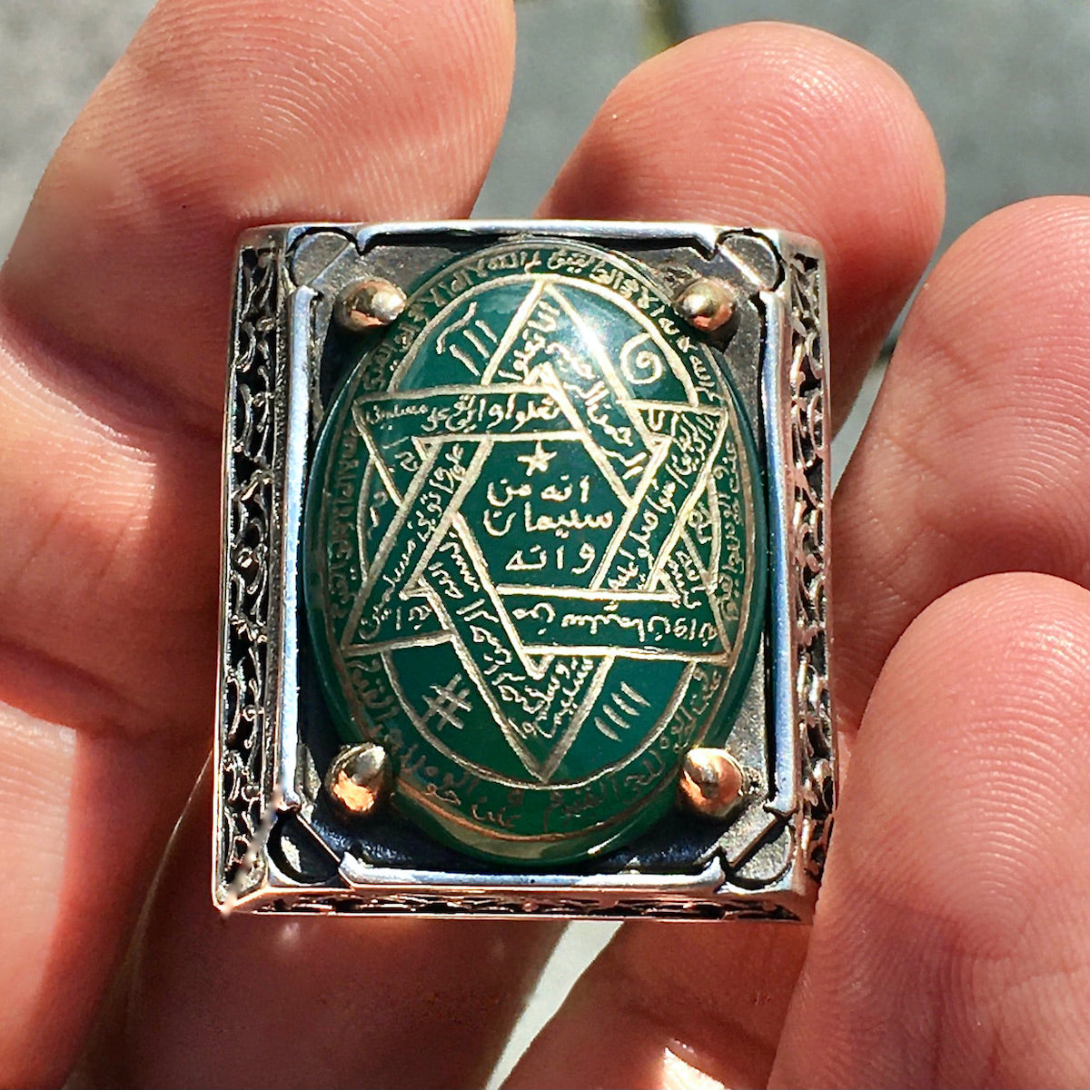 Ring 925 Sterling Silver Seal of Solomon Hand-engraved green Agate natural gemstone Unique Islamic Talisman Amulet