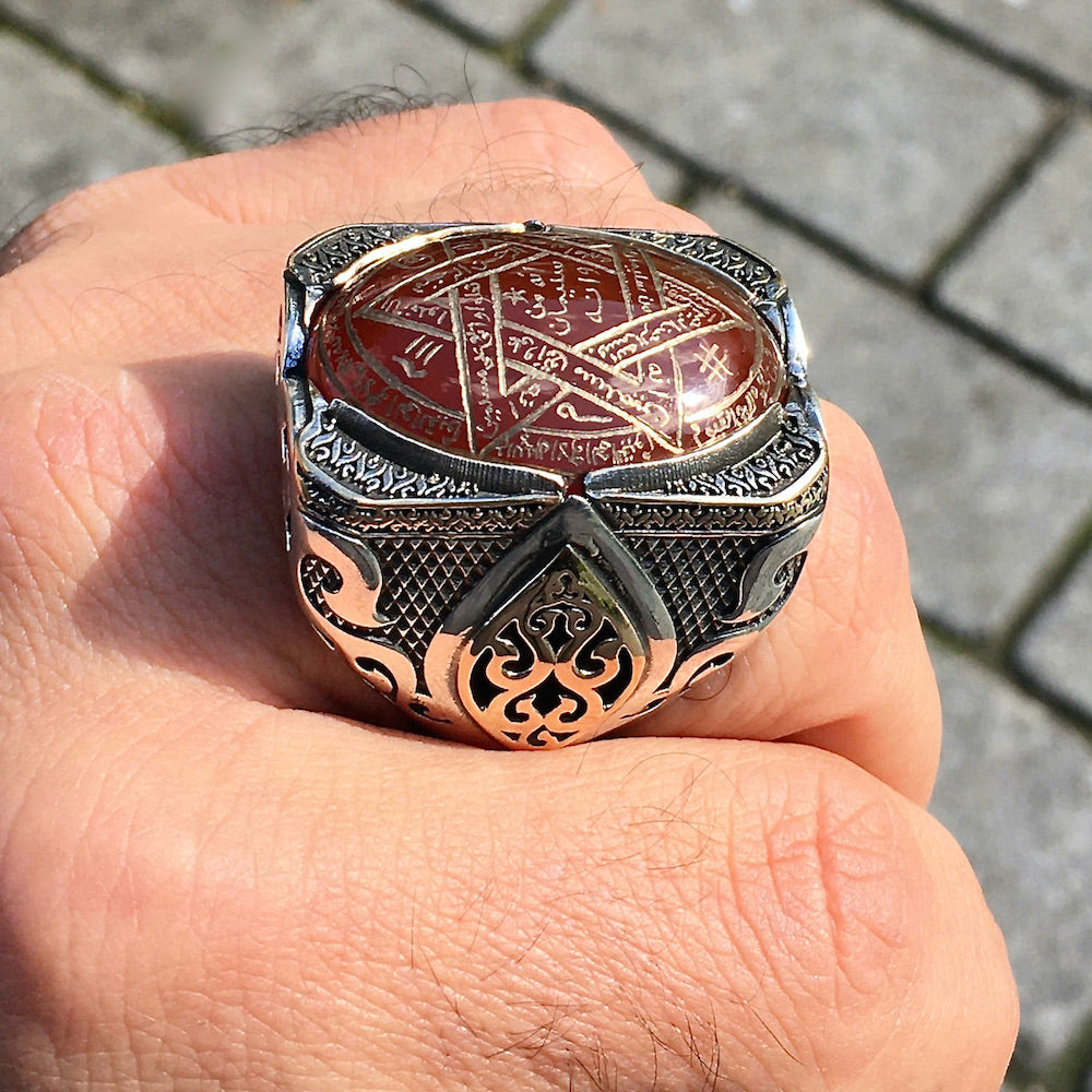 Ring 925 Sterling Silver Seal of Solomon Hand-engraved Carnelian natural gemstone Unique Islamic Talisman Amulet