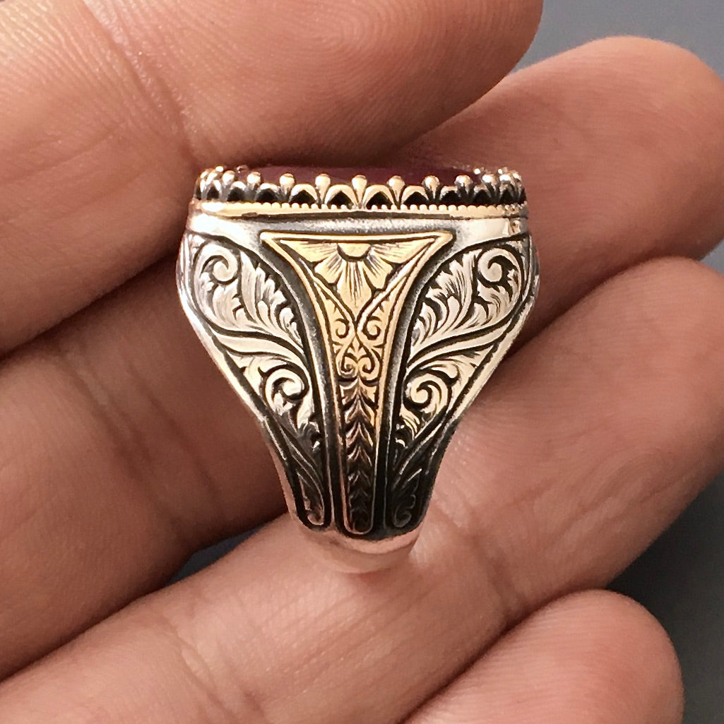 Men's Signet Ring Ruby Yaqoot natural big gemstone Sterling Silver 925 Turkish Artisan Handmade Jewelry