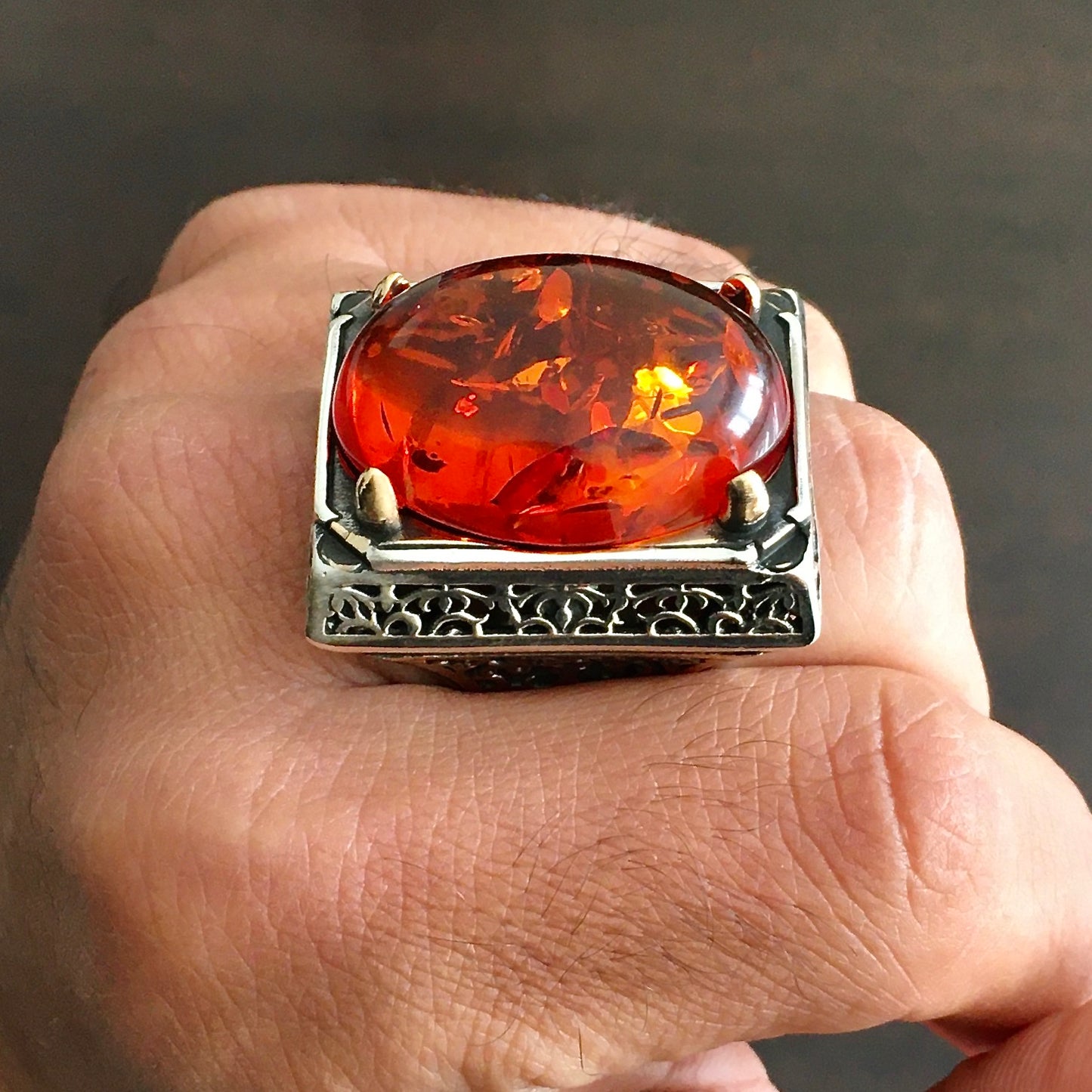 Fire Amber Mens Ring Heavy Large Solid Sterling Silver Turkish Artisan Designer Jewelry
