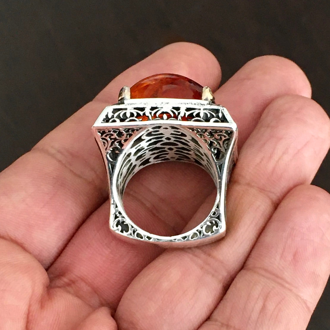 Fire Amber Mens Ring Heavy Large Solid Sterling Silver Turkish Artisan Designer Jewelry