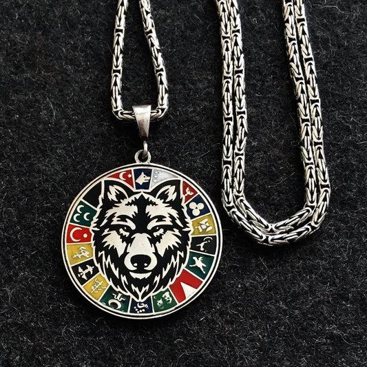 Wolf Pendant with Great Turk Empires flags on King's Chain Necklace solid 925 Sterling Silver