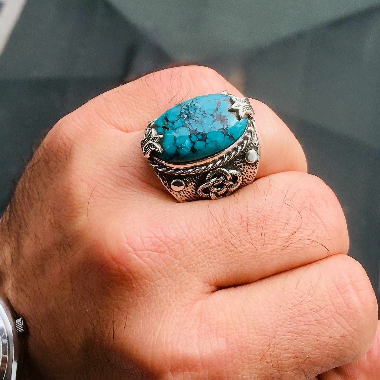 Sterling Silver Turquoise Ring natural Firoza Unique Handmade Men's Jewelry
