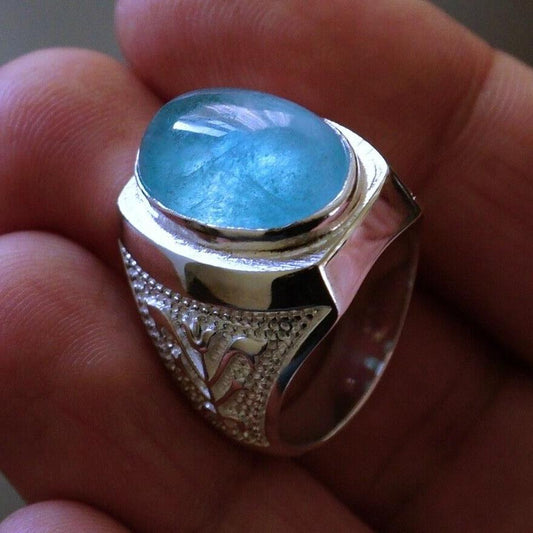 Silver Mens Ring Aquamarine REAL natural gemstone solid 925 Sterling Unique Elegant Artisan Jewelry