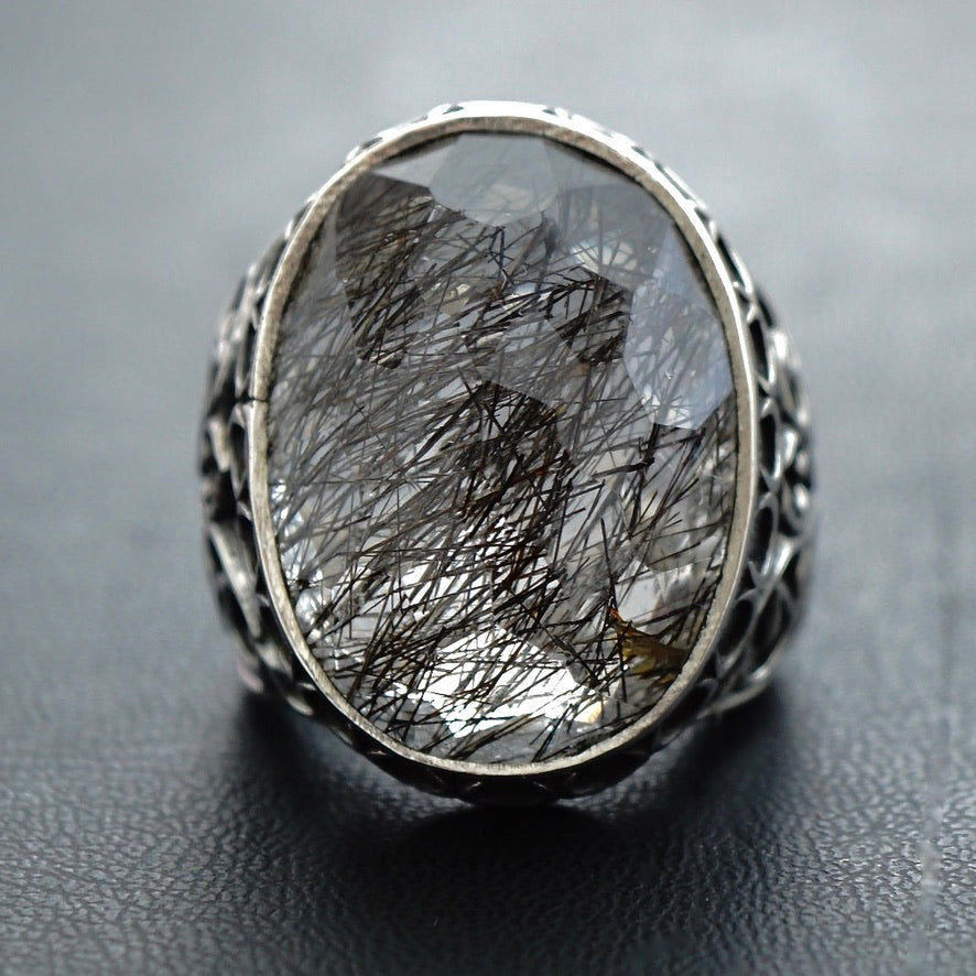 Absolutely Unique Handcrafted Men's Ring Rutilated Quartz Gemstone 925 Sterling Silver