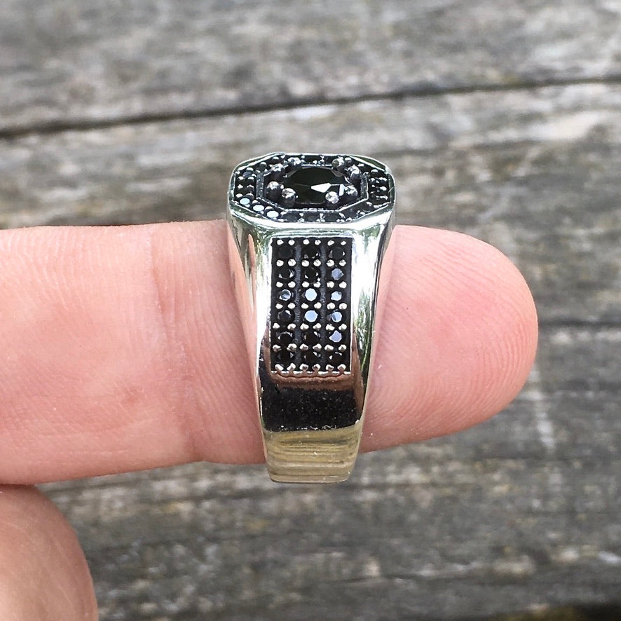 925 Sterling Silver Mens Pave Signet Ring Black Diamond Designer Artisan Jewelry
