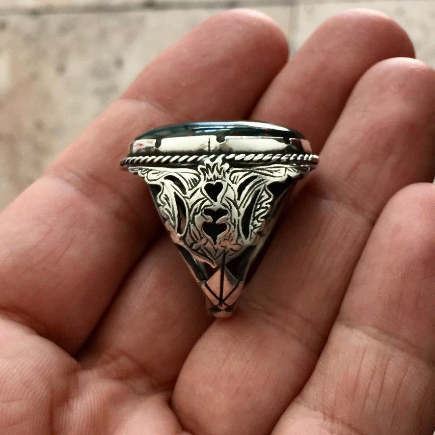 Bloodstone Mens Ring Unique Handmade Sterling Silver Natural Gemstone Heliotrope Turkish Jewelry