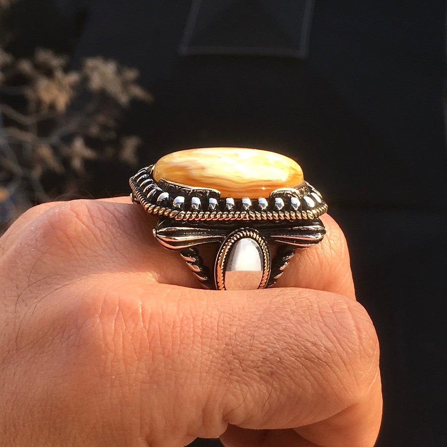 Sterling Silver Big Men's Ring Butterscotch Amber Unique Artisan Statement Jewelry