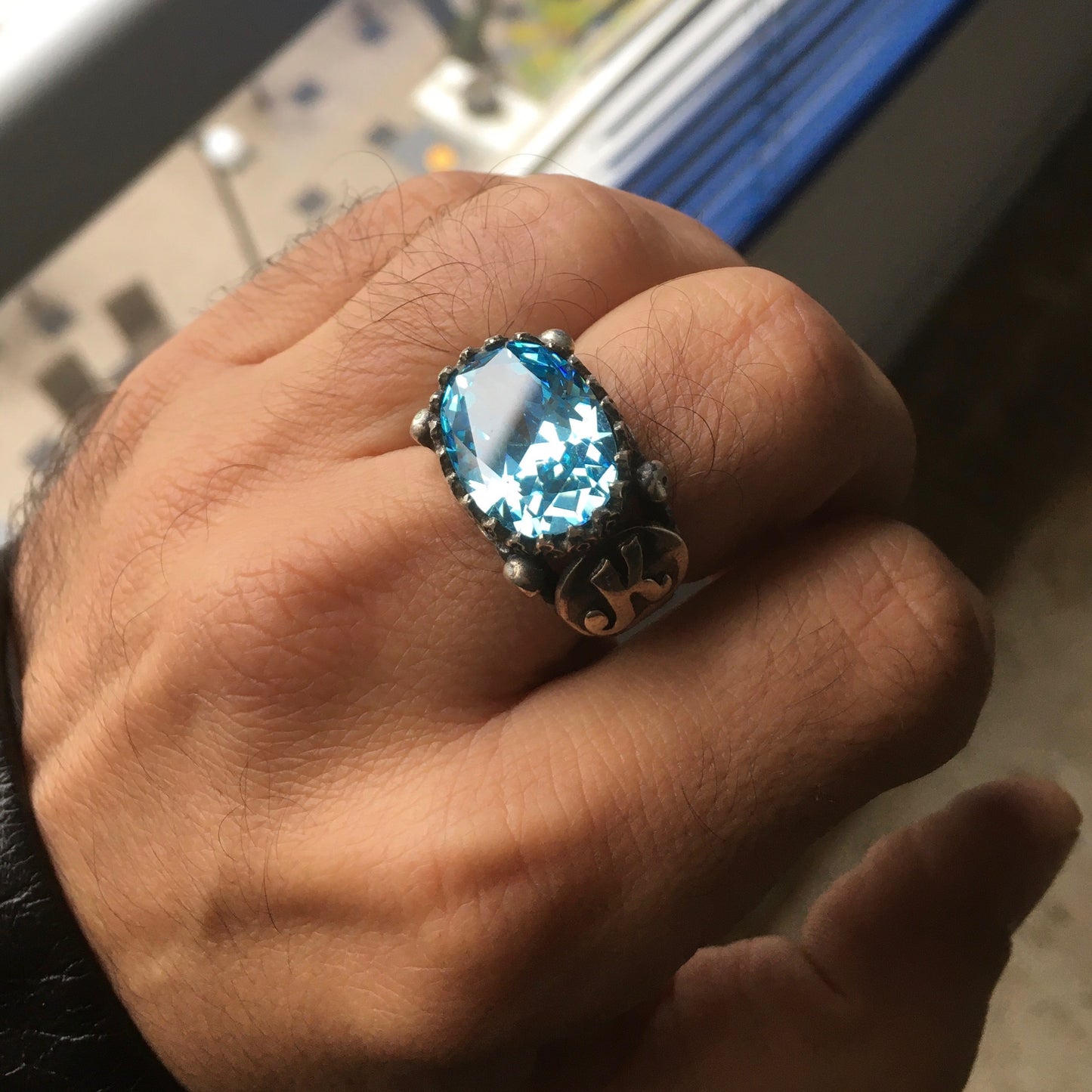 Sterling Silver Men’s Ring Swiss Blue Topaz Handcrafted Unique Personalized Custom Jewelry