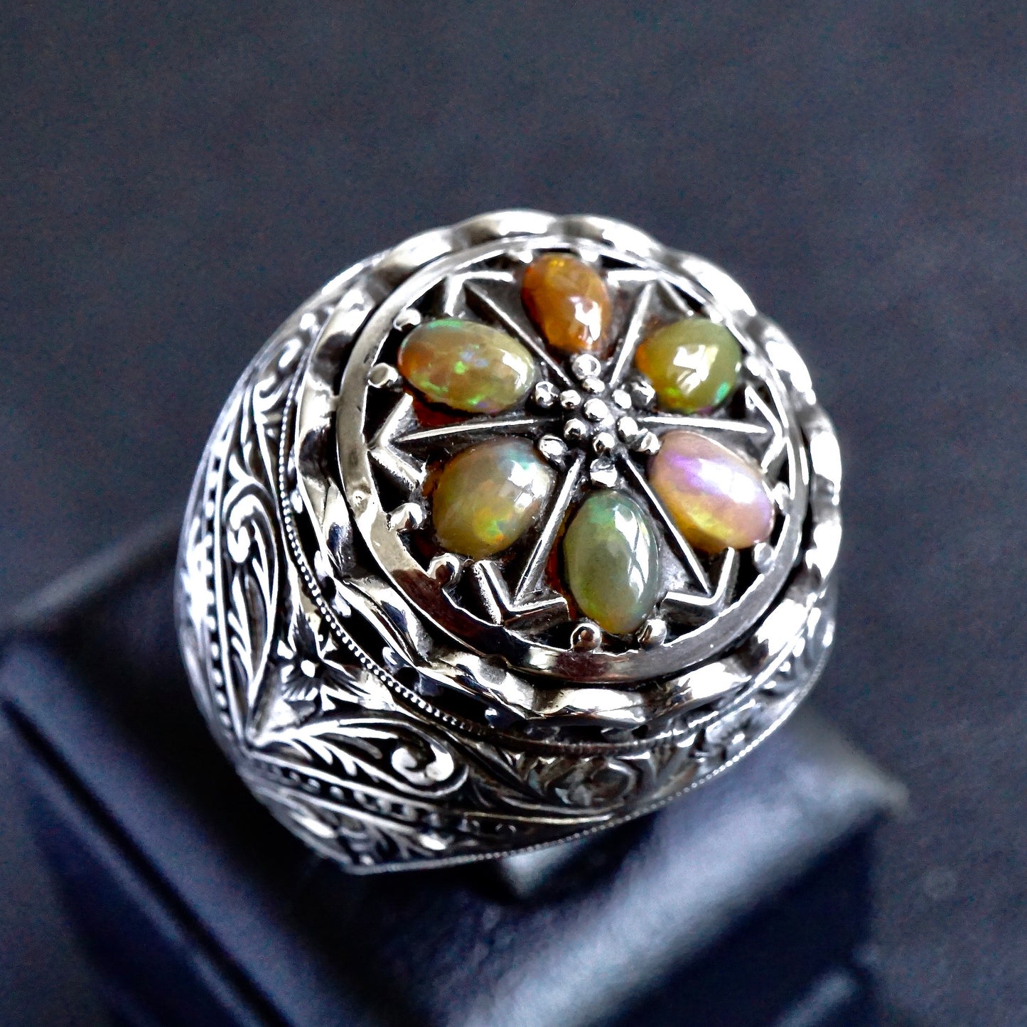 Opal Yüzük Benzersiz El Yapımı Artisan Takı Katı Som Gümüş