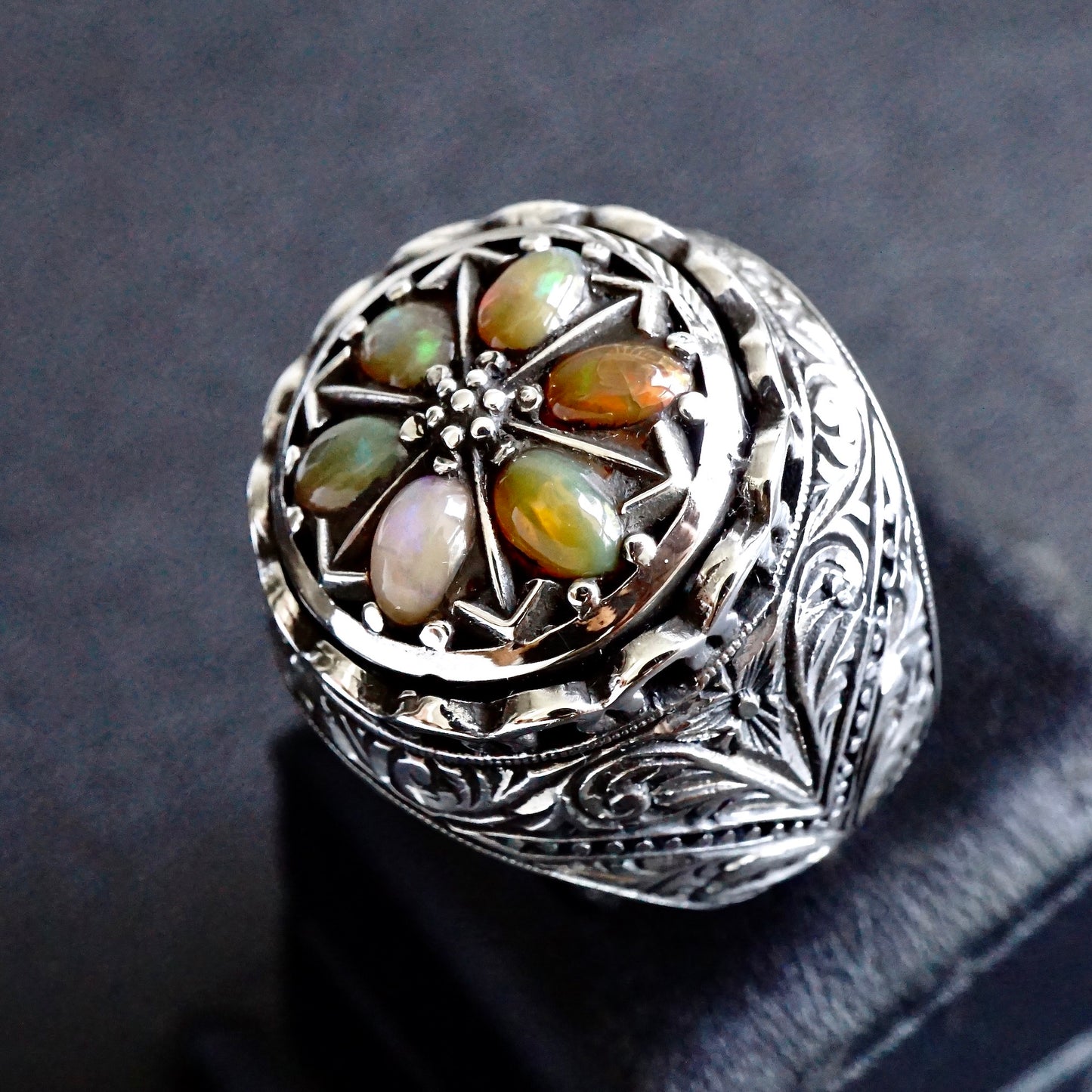 Opal Yüzük Benzersiz El Yapımı Artisan Takı Katı Som Gümüş