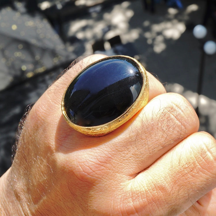 Sterling Silver Mens Ring Gold Plated Black Onyx Big Artisan Statement Jewelry