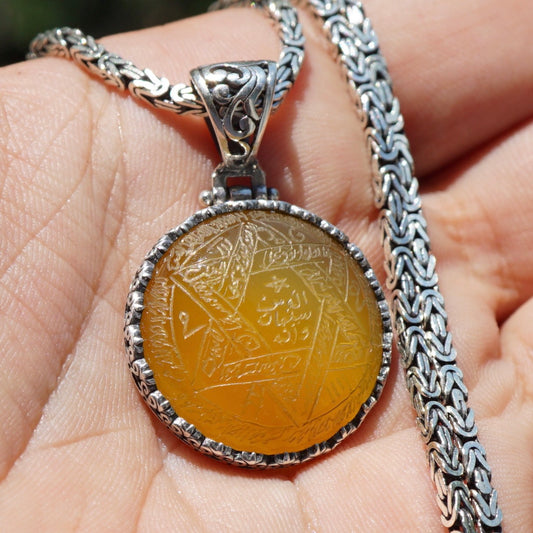Seal of Solomon Tılsım Kolye Sarı akik Zard Aqeeq 925 Gümüş Kral Zinciri