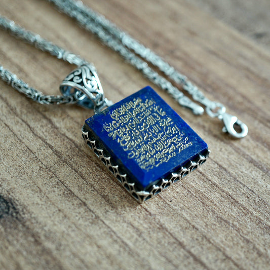Lapis Lazuli Kolye Som Gümüş Kral Zincir Kolye el oyması İslami Ayet "Taht"