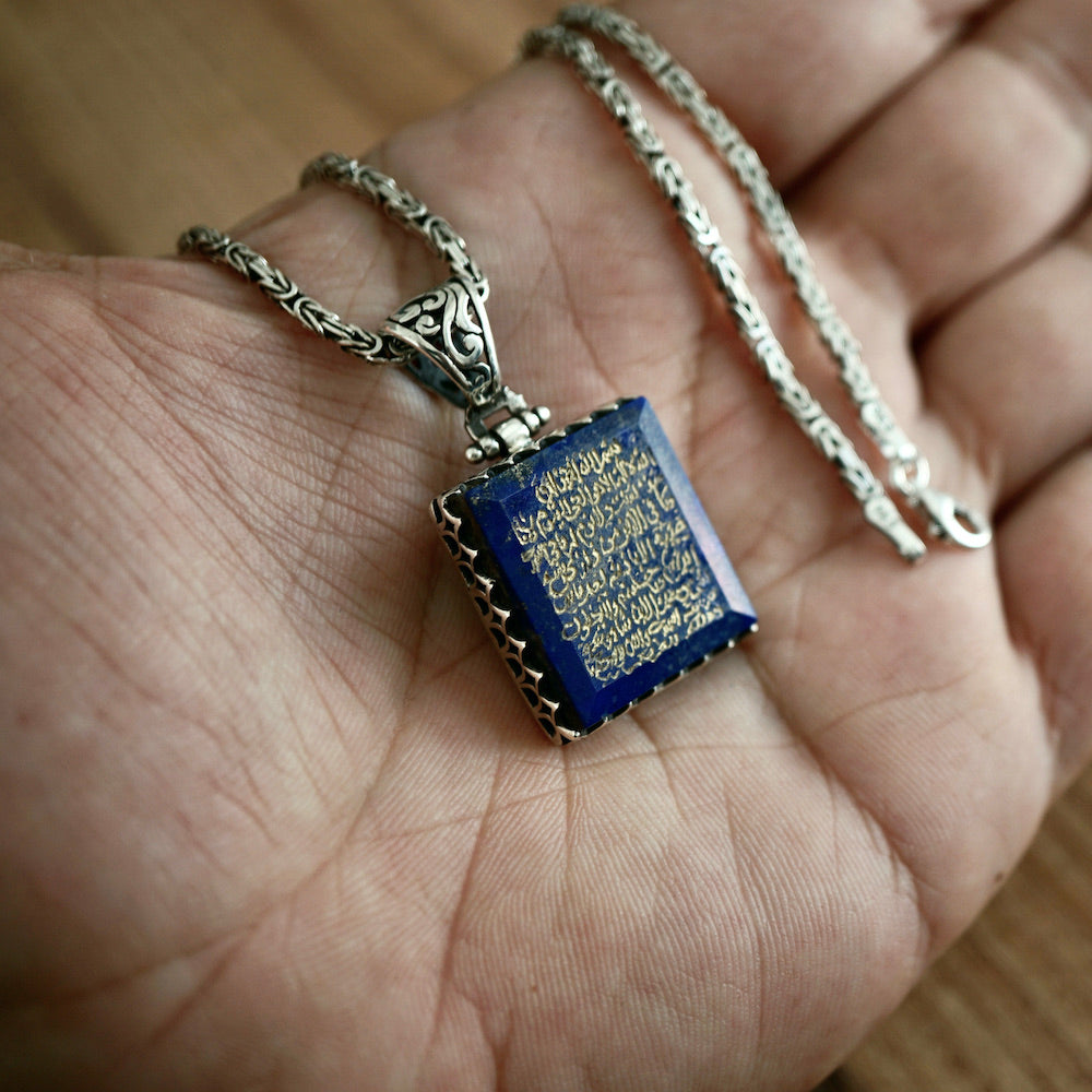 Lapis Lazuli Kolye Som Gümüş Kral Zincir Kolye el oyması İslami Ayet "Taht"