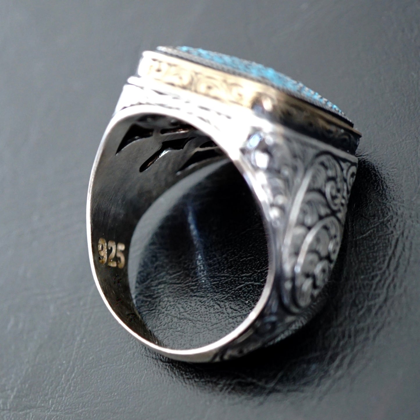 925 Sterling Silver Men's Ring Turquoise pave signet micro setting Handcrafted Unique Jewelry