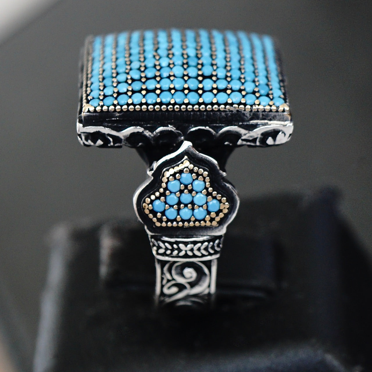 925 Sterling Silver Men's Ring Turquoise pave signet micro setting Unique Jewelry