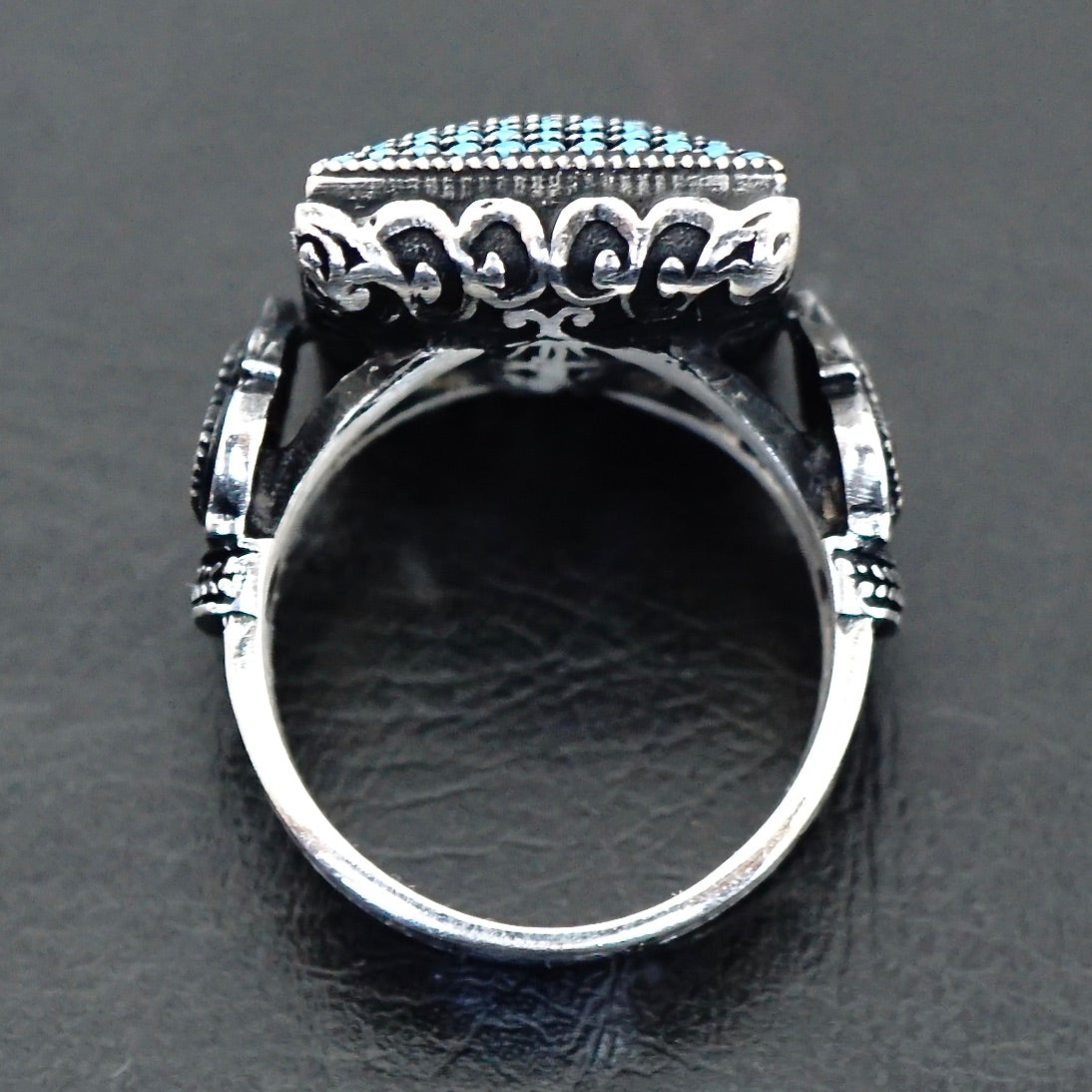 925 Sterling Silver Men's Ring Turquoise pave signet micro setting Unique Jewelry
