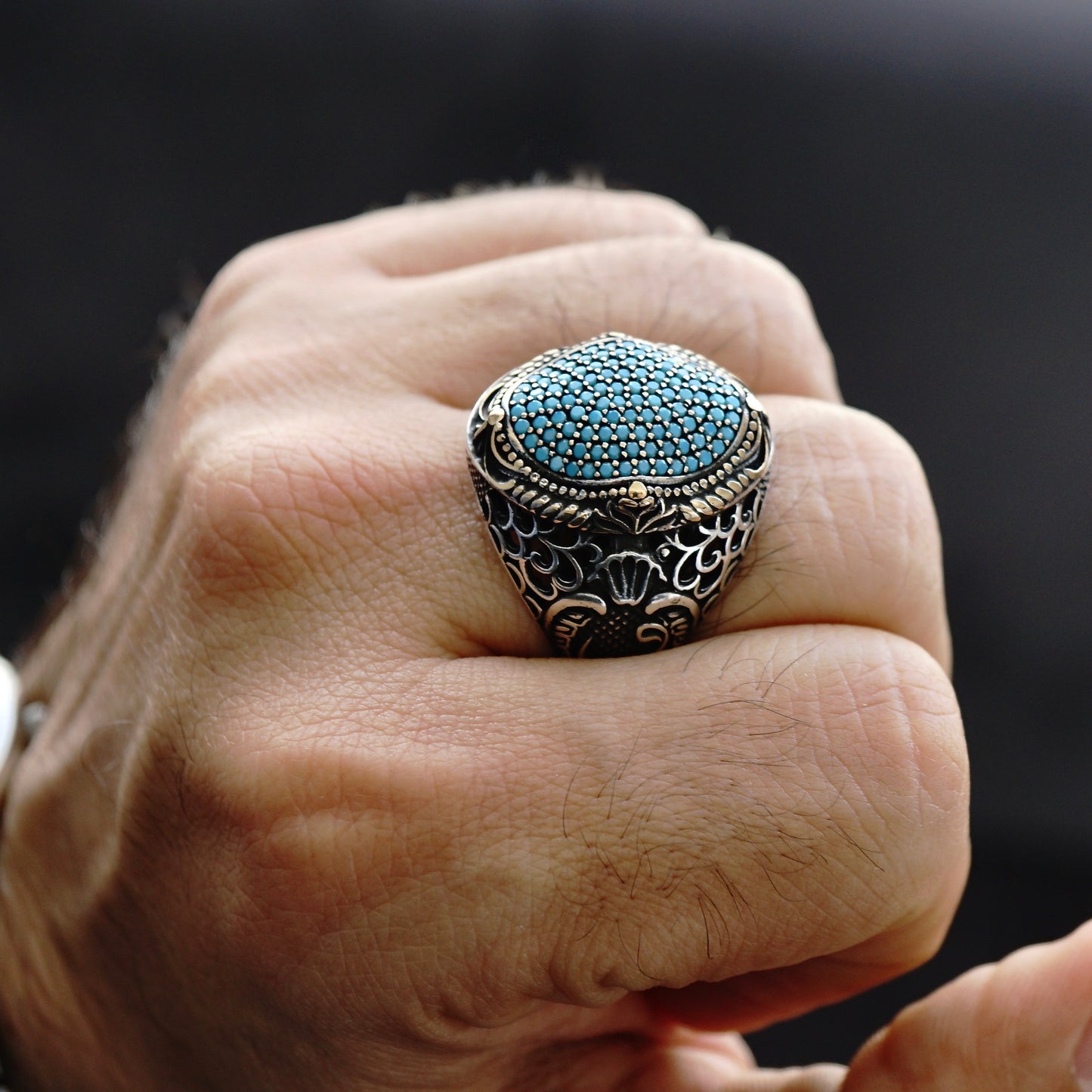 925 Sterling Silver Men's Ring micro setting Turquoise pave signet Turkish Jewelry