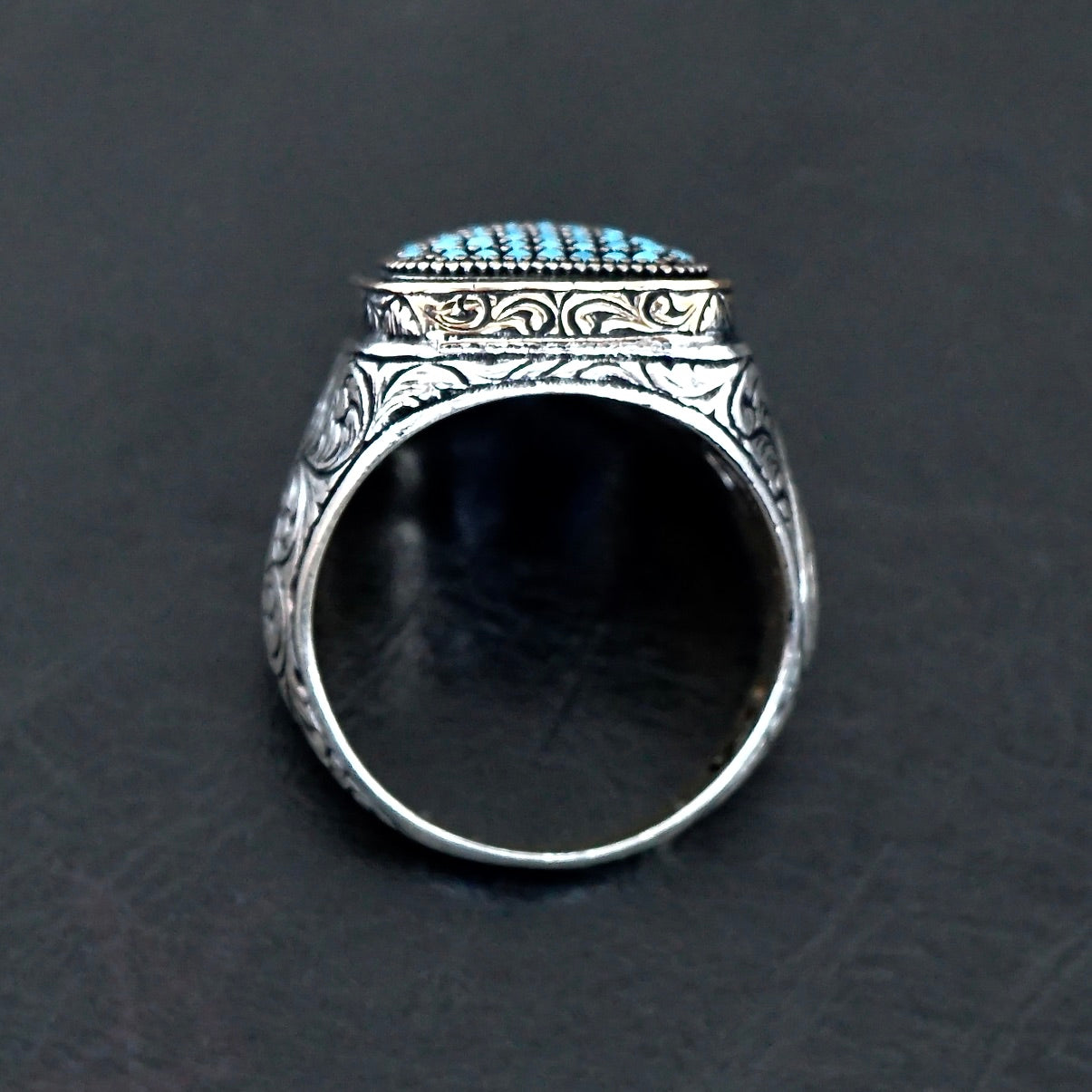 925 Sterling Silver Men's Ring Turquoise pave signet micro setting Handcrafted Unique Jewelry