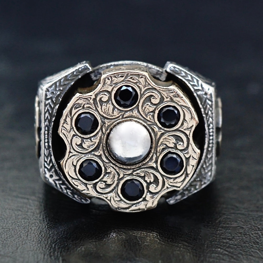 925 Sterling Silver Men's Ring Spinning Revolver Black Diamond Bullet Design Unique Jewelry