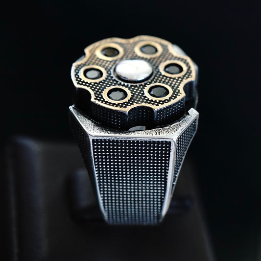 925 Sterling Silver Men's Ring Spinning Revolver Black Diamond Bullet Unique Turkish Jewelry