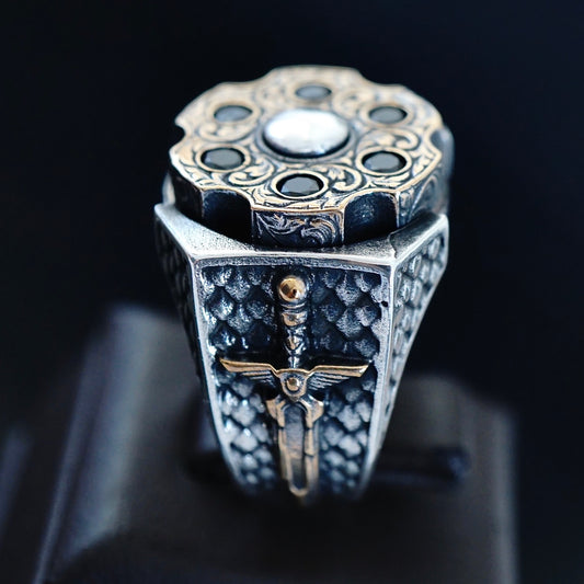 925 Sterling Silver Men's Ring Spinning Revolver Black Diamond Bullet Sword Unique Jewelry