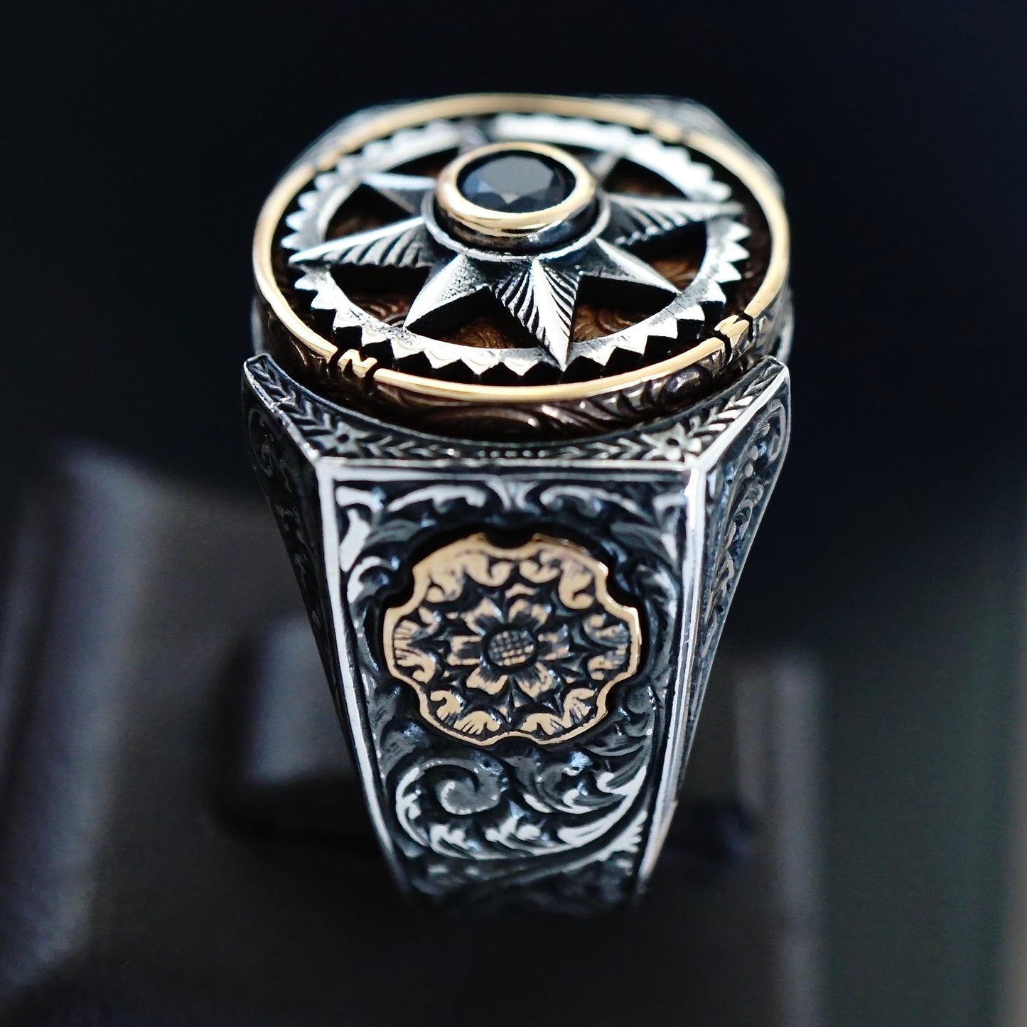 925 Sterling Silver Men's Ring Spinning Compass Black Diamond Unique Turkish Jewelry